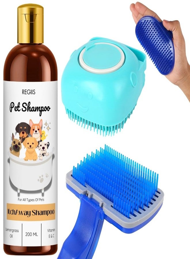REGIIS Pet Grooming Kit with Itch Away Shampoo, Bath Brush, Hand Scrubber & Slicker(Pack of 4) - Image 1
